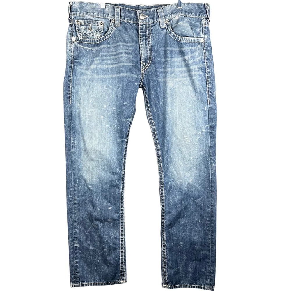 True Religion Straight Leg Jeans Mens 40 Blue Contrast Stitch Medium Wash Denim